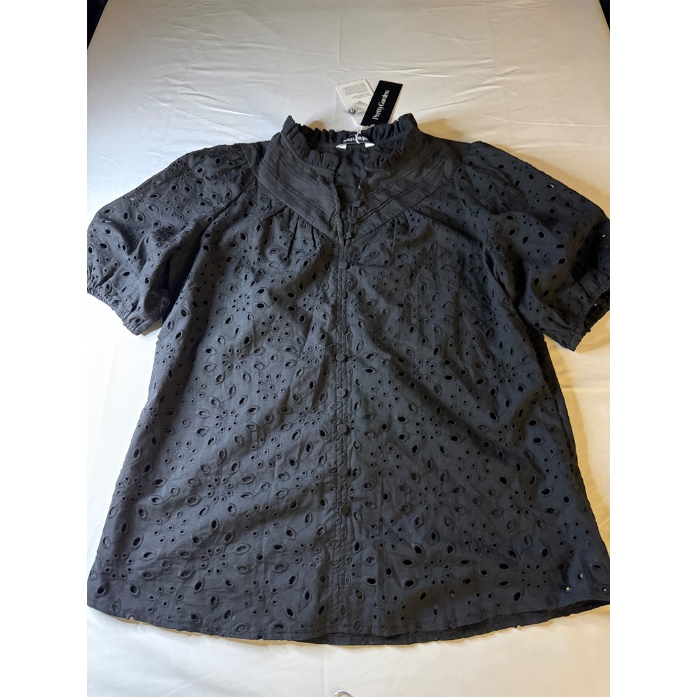 PrettyGarden Women Black Eyelet Blouse Ruffle Neck Puff Sleeve Button Down Top M